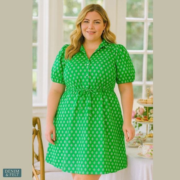 J.Crew Kelly Green Collared Short Sleeve Cotton Stretch Tie Waist Dress NEW - Picture 1 of 16